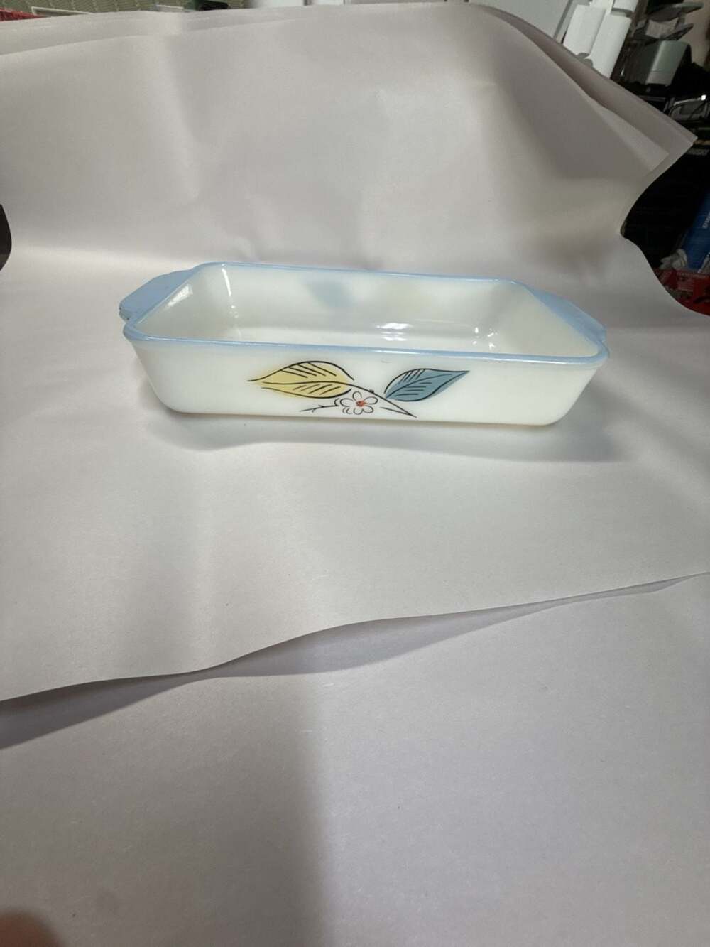 Fire King Biscayne Baking Pan Blue Leaf Milk Glass